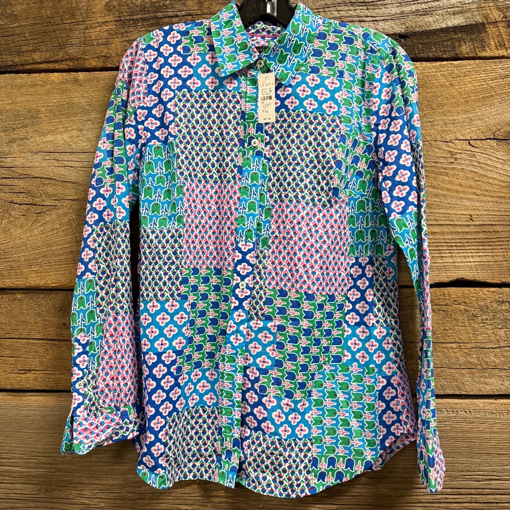 NWT Talbots floral patchwork lightweight cotton button down, size XS, jewel tone